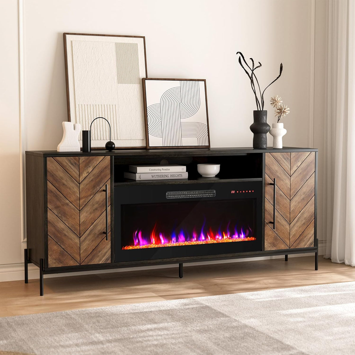 68 Inch Fireplace TV Stand for TVs up to 75 Inches, Entertainment Center with 36 Inch Electric Fireplace Heater and Storage Cabinets, Black Ebony
