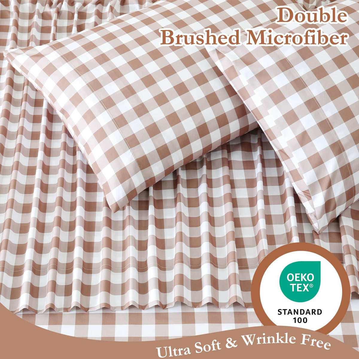 Sheet Set Tan Gingham Plaid, 4-Piece Brushed Microfiber Taupe Grid Bed Sheets, 16" Deep Pocket, Ultra Soft