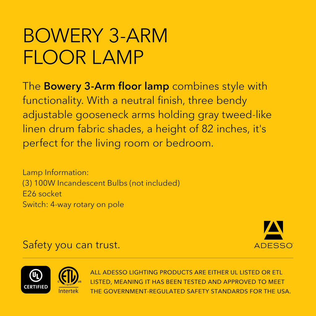 Inspired Arco Style 4250-22 Bowery 3-Arm Arc Lamp, 74 in, 3 x 100W Incandescent/26W CFL, Brushed Steel Finish, 1 Floor Lamp, Grey