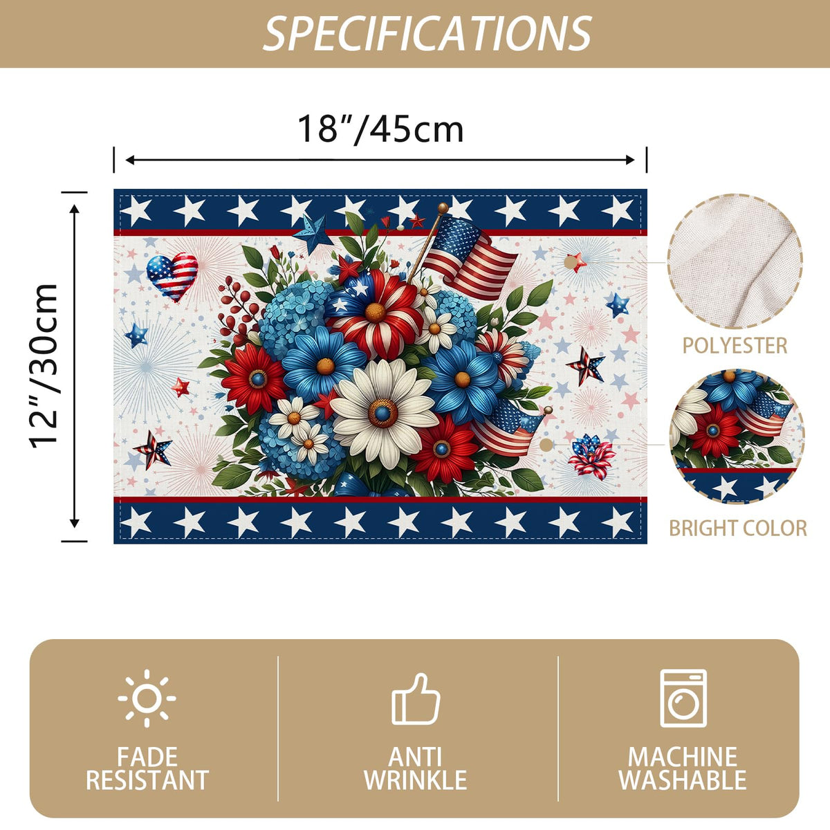 Memorial Day Patriotic 4th of July Placemats Set of 4,Red White and Blue Flowers Table Decor Veterans Day