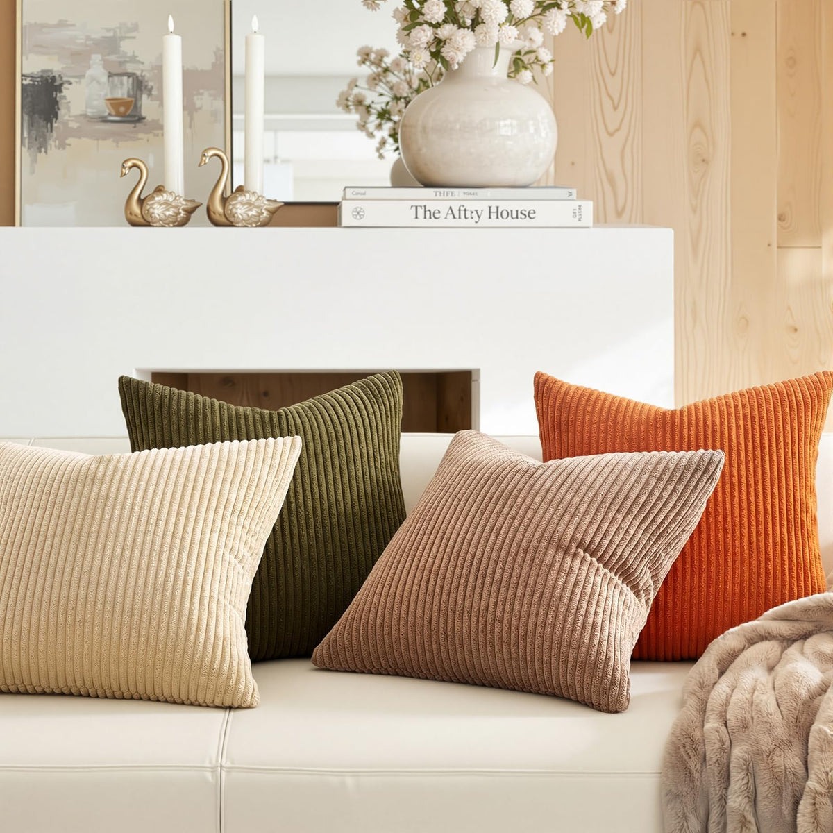 20x20 Sofa Pillow Covers Rust and Olive Green Velvet Throw Pillow Covers Boho Farmhouse Cushion Cases Soft Corduroy