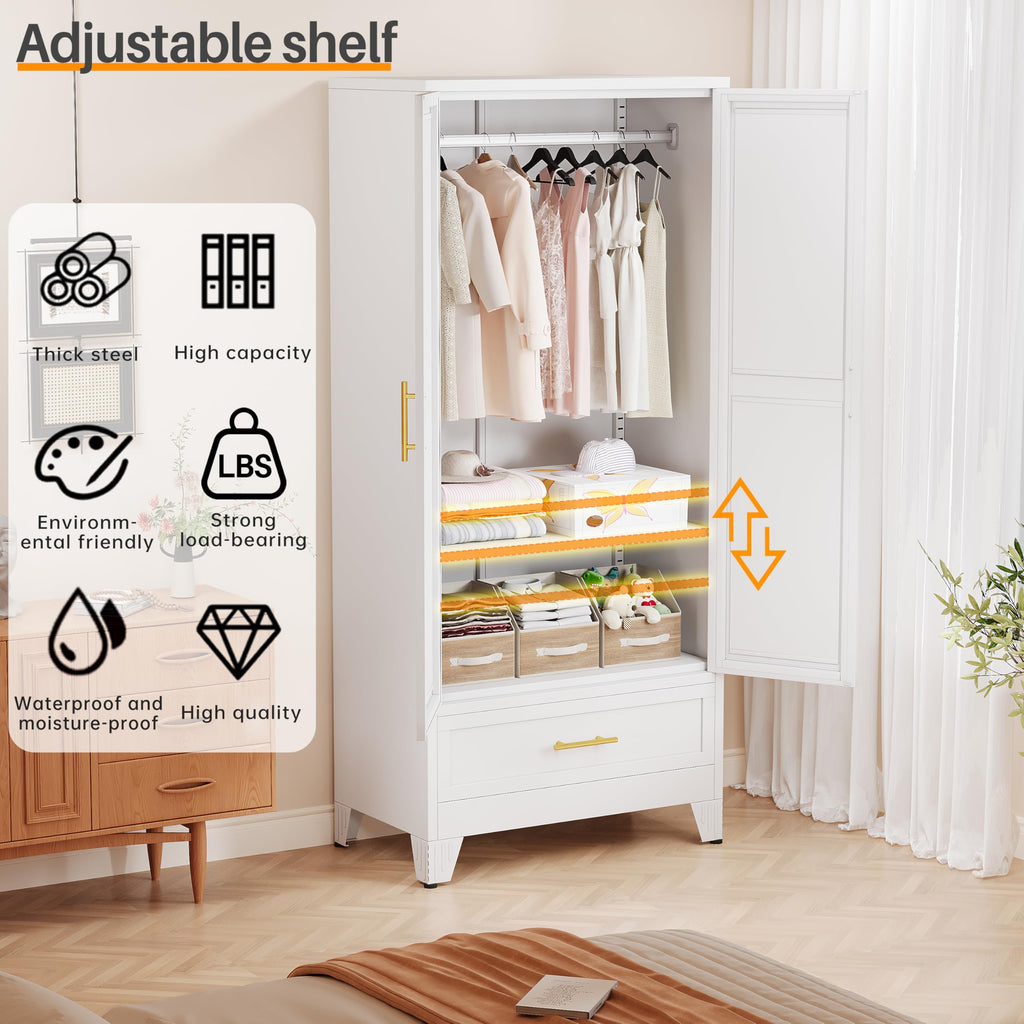 Metal Armoire Wardrobe Closet, 71" Bedroom Closet with Mirror White