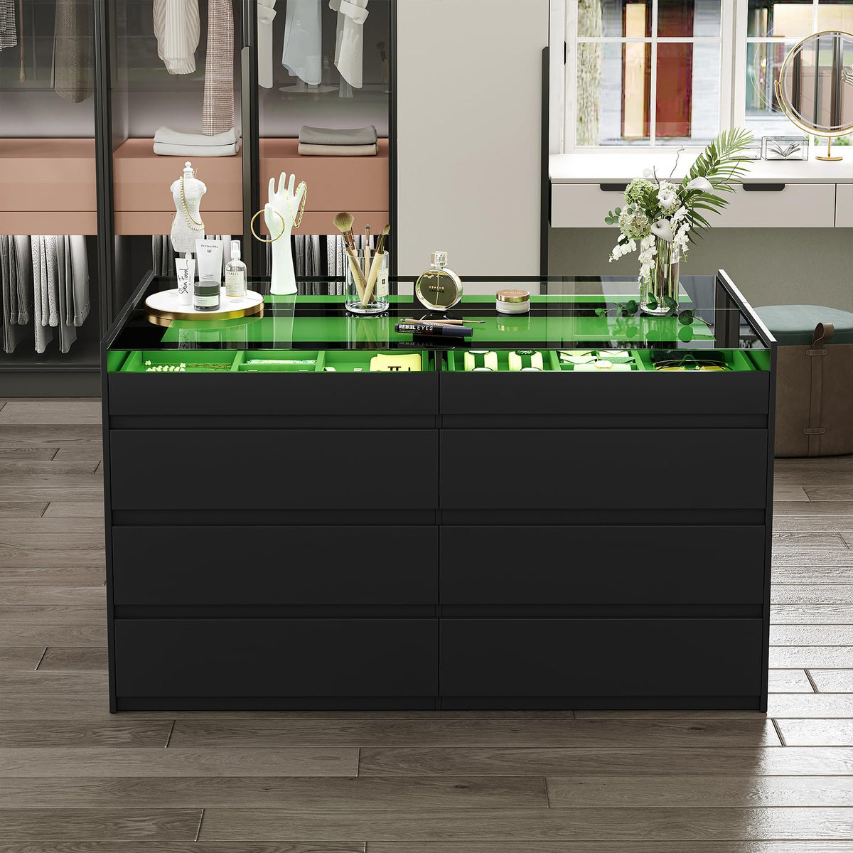 16 Drawer Closet Island with Glass Top & LED Light, Black