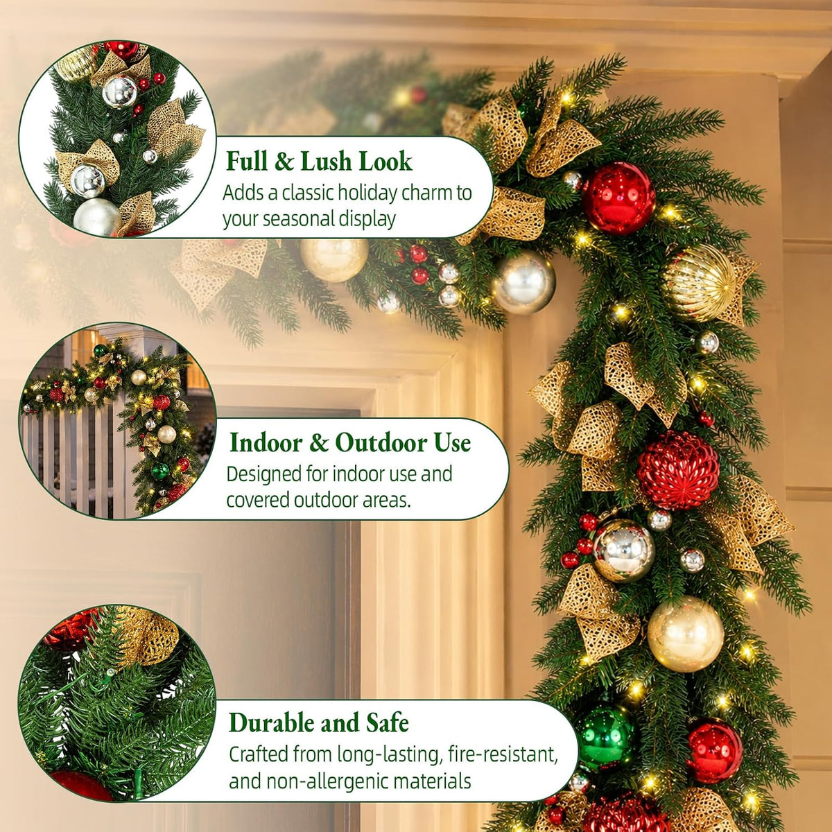 9 FT Pre-Lit Christmas Garland with 80 Warm White LED Lights and Timer, Battery Operated Artificial PE & PVC Garland