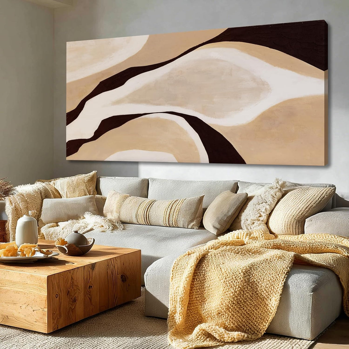 Beige Brown Black Abstract Canvas Wall Art, Large Wall Decor Bedroom Dining Room Office, Modern Neutral Art Print