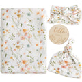 Newborn Swaddle Set with Matching Hat and Bow Set, Wooden Birth Announcement Card, Floral Baby Girl Newborn Receiving