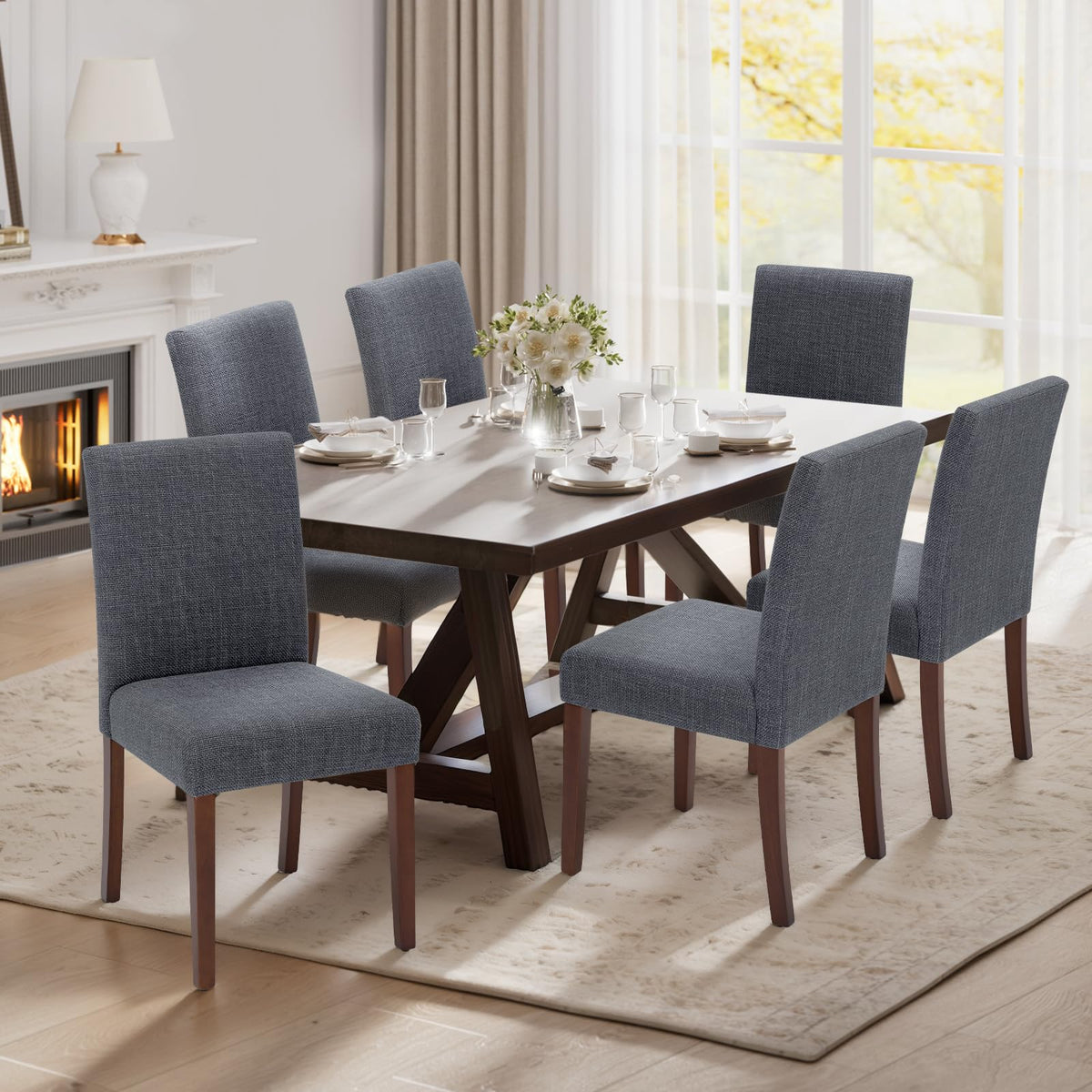 Upholstered Parsons Dining Chairs Set of 6, Modern Dining Room Chairs with Back, Fabric Kitchen Side Chairs with Wood