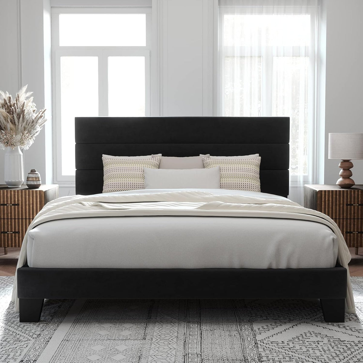 King Platform Bed Frame with Velvet Upholstered Headboard and Wooden Slats Support