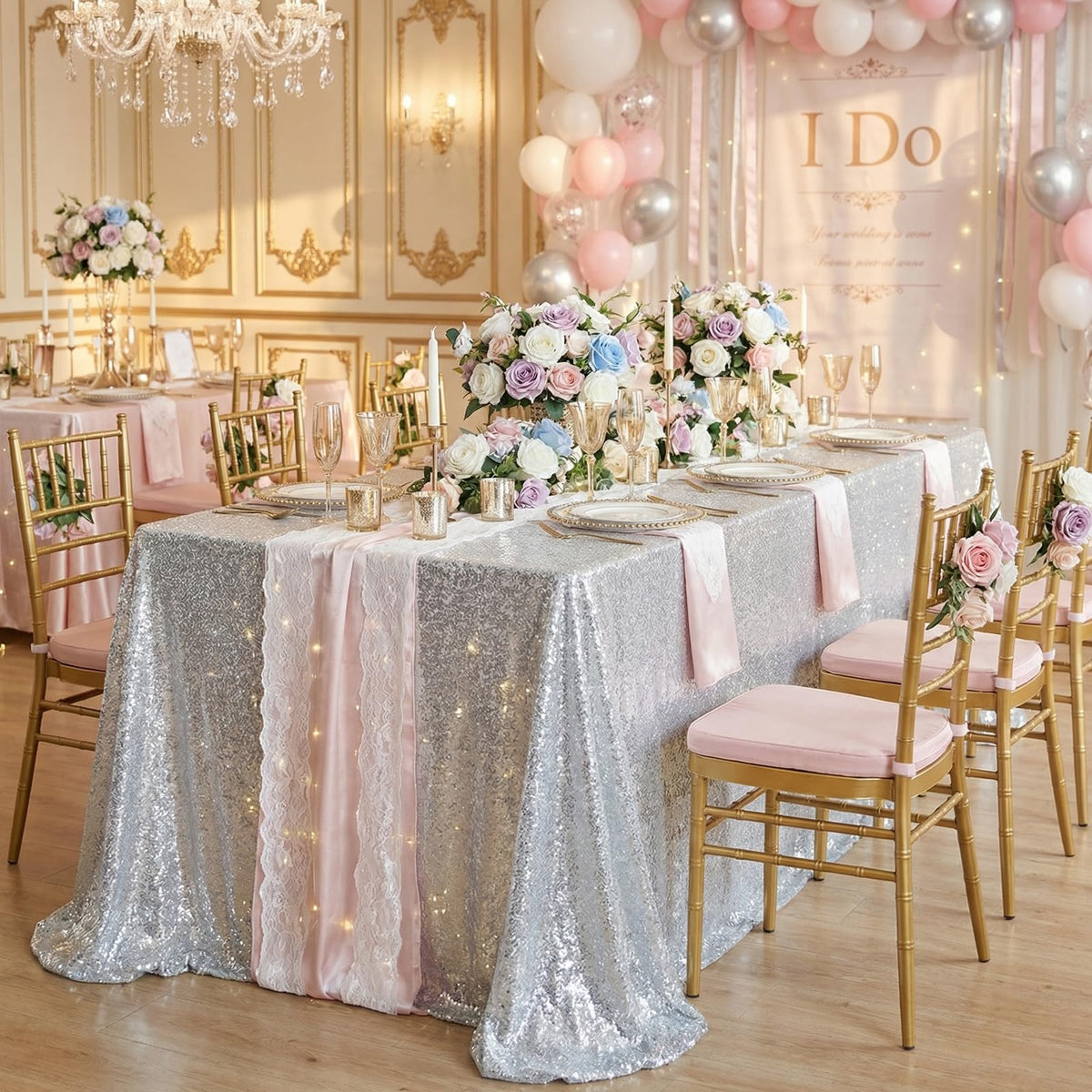Sequin Tablecloth 60x102 Inch Silver Glitter Wedding Fabric for 6ft Table