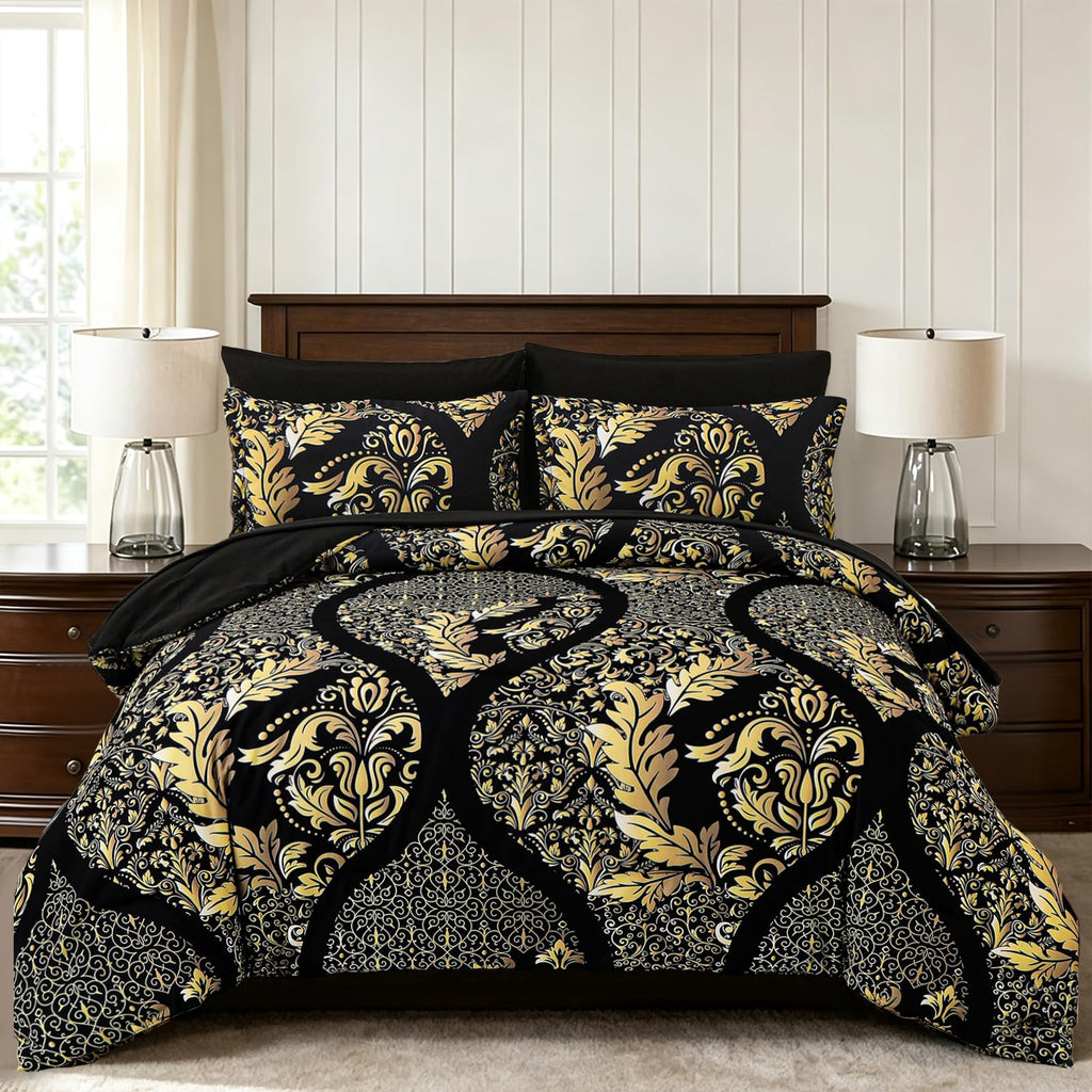 Black Gold Comforter Set Queen Size, 7 Pieces Luxury Bohemian Damask Comforter Set Soft Lightweight Microfiber