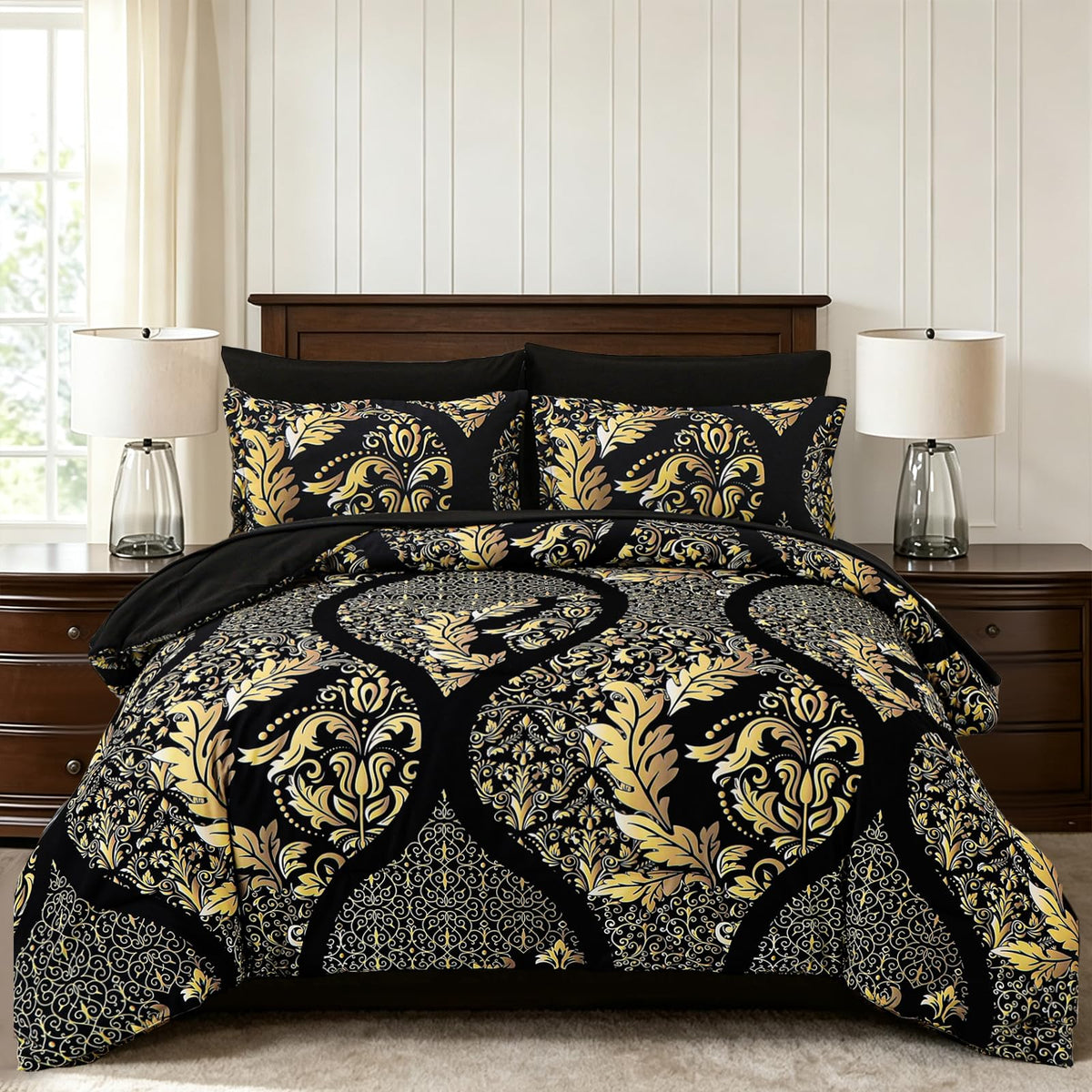 Black Gold Comforter Set Queen Size, 7 Pieces Luxury Bohemian Damask Comforter Set Soft Lightweight Microfiber