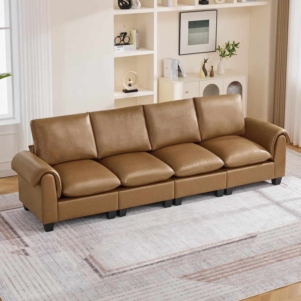 118" Faux Leather Modular Sectional Upholstered, Oversized 4 Seater Couch with Curved Armrests, Cloud Modern
