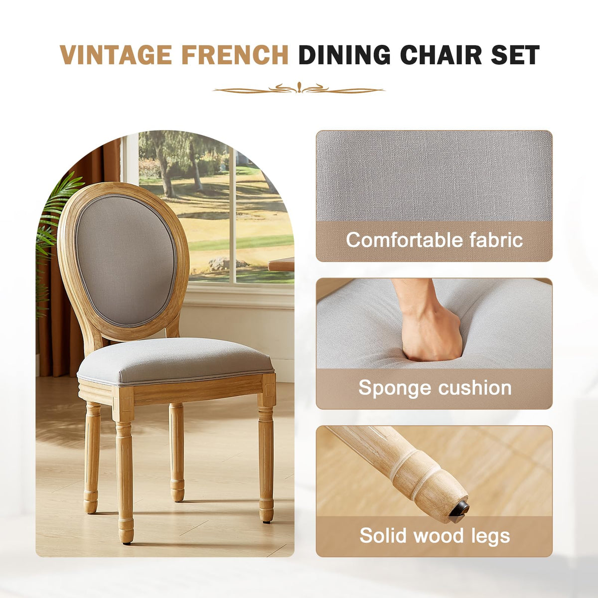 French Dining Chairs Set of 6, French Country Dining Chairs, Vintage Farmhouse Dining Chair with Round Back, Solid
