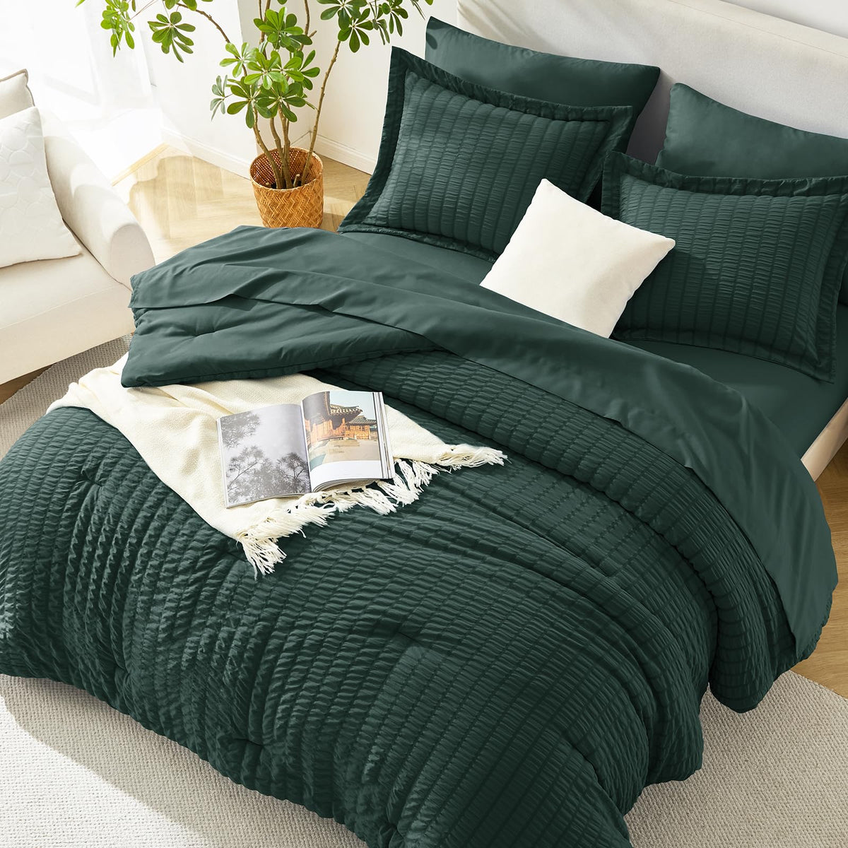 Comforter Set, 7-Piece Seersucker Bed in a Bag, Forest Green