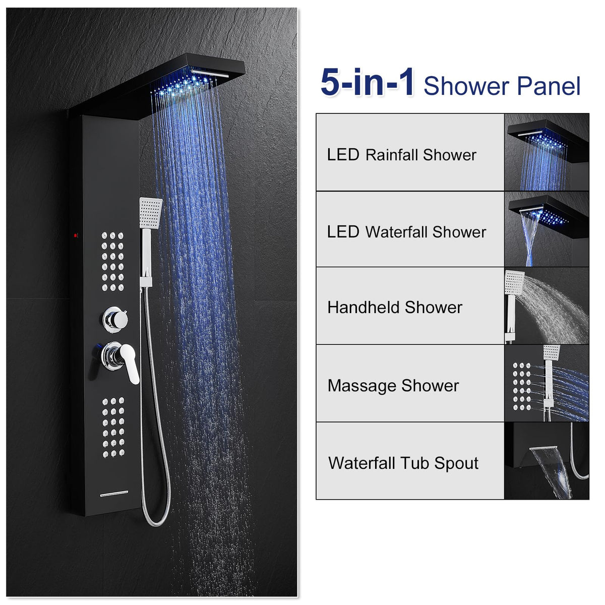 5 in 1 LED Rainfall Waterfall Shower Panel Tower System, Black