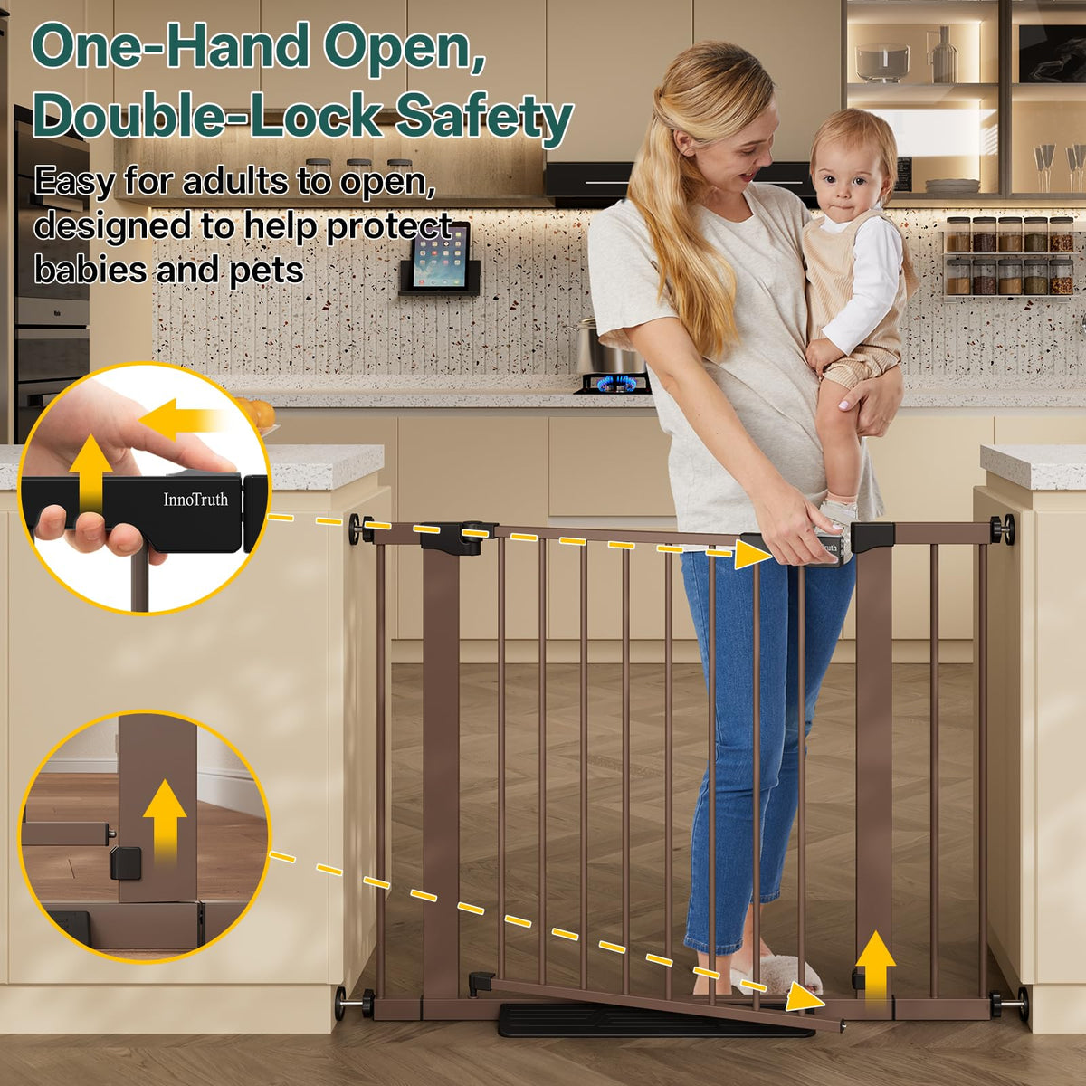 29.6-39.1 in Wide Baby Gate for Stairs and Doorways, Brown