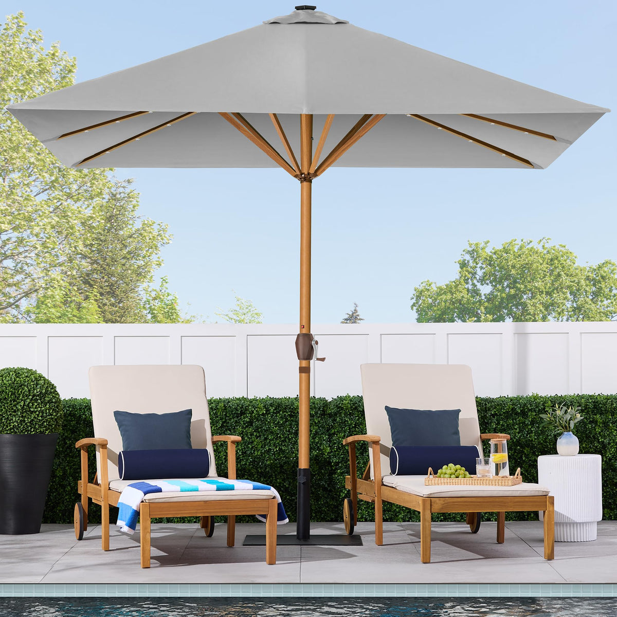 9ft Deep Square Solar Powered LED Lighted Patio Umbrella w/Woodgrain Pattern, UV-Resistant Fabric, Hand Crank - Fog