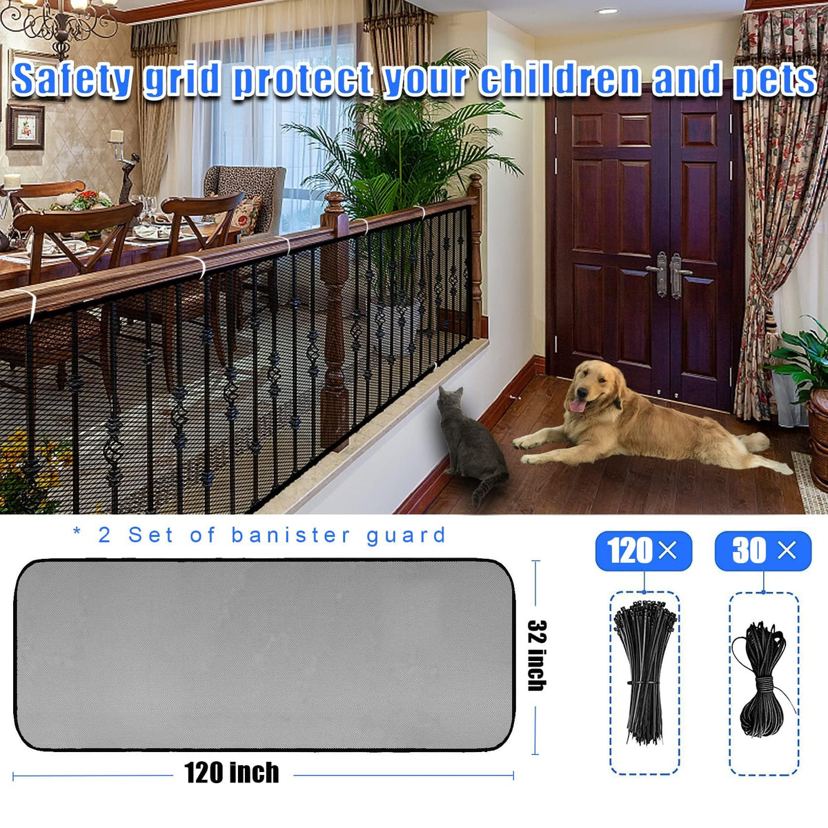2 Sets Baby Gate for Stairs, Banister Guard for Kids, Pets, Toys, 2 Set 10 ft x 2.6 ft Mesh Netting Safety Net for