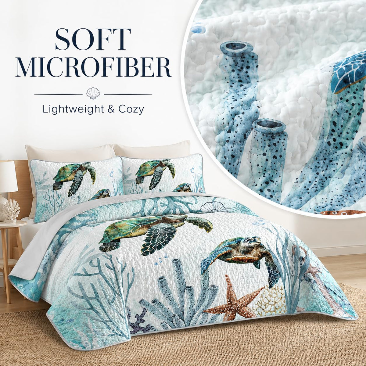 Sea Turtle Bedding Quilt Set, Teal Blue Ocean Beach Coastal Bedspread Coverlet, 3 Pieces Soft Lightweight