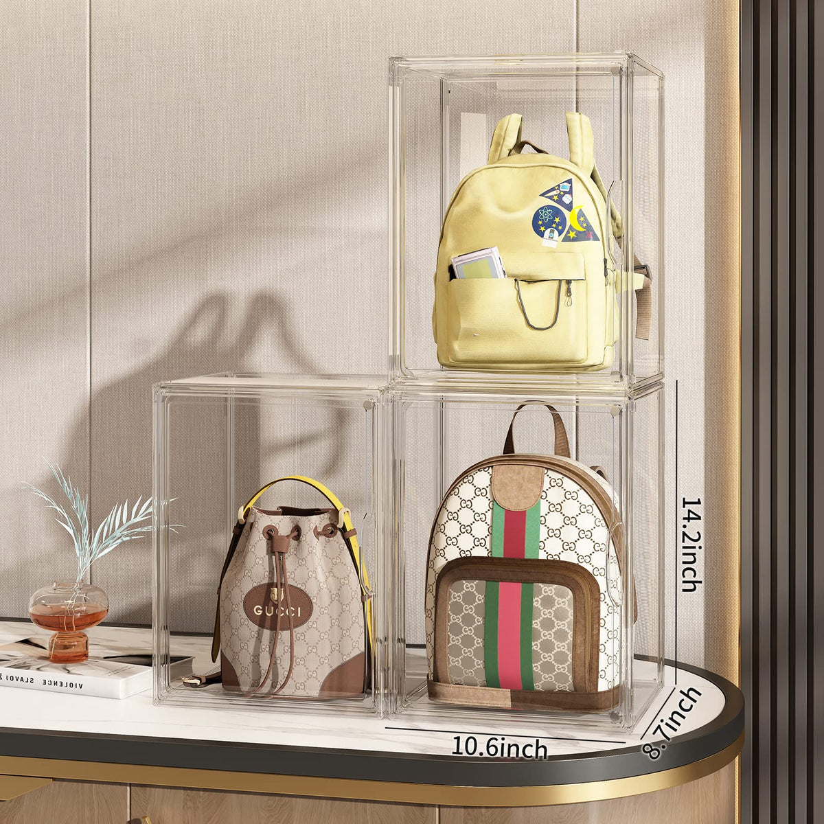 Clear Purse Organizer for Closet, 5 Pack Handbag Storage Organizer, Acrylic Display Case for Collectibles , Stackable