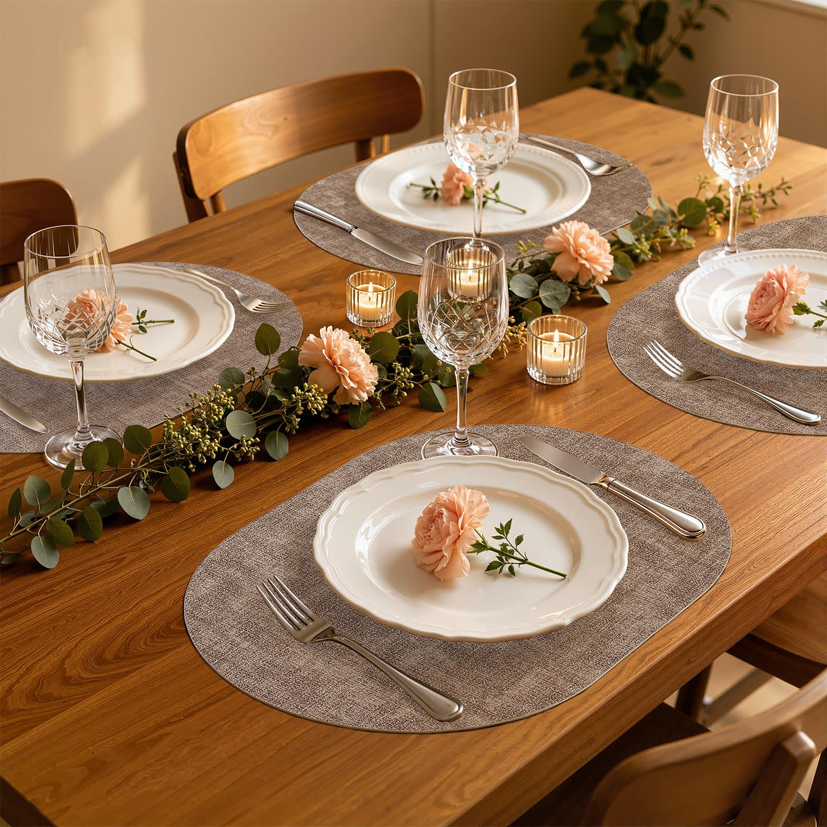 Oval Faux Leather Placemats Set of 6, Easy to Clean, Light Brown