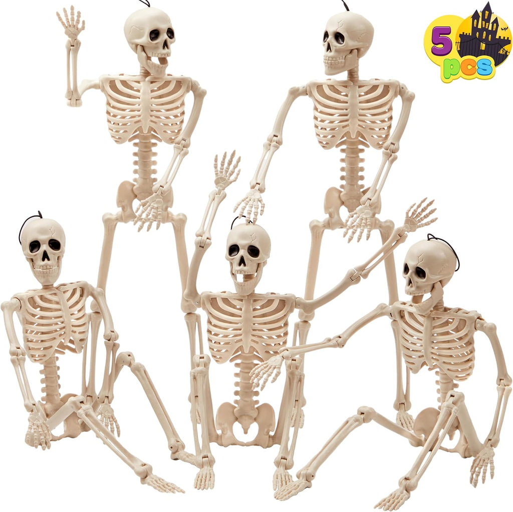 Posable Halloween Skeleton Decor 16 Inches, Full Body Posable Joints Hanging Skeletons for Halloween - Set of 5