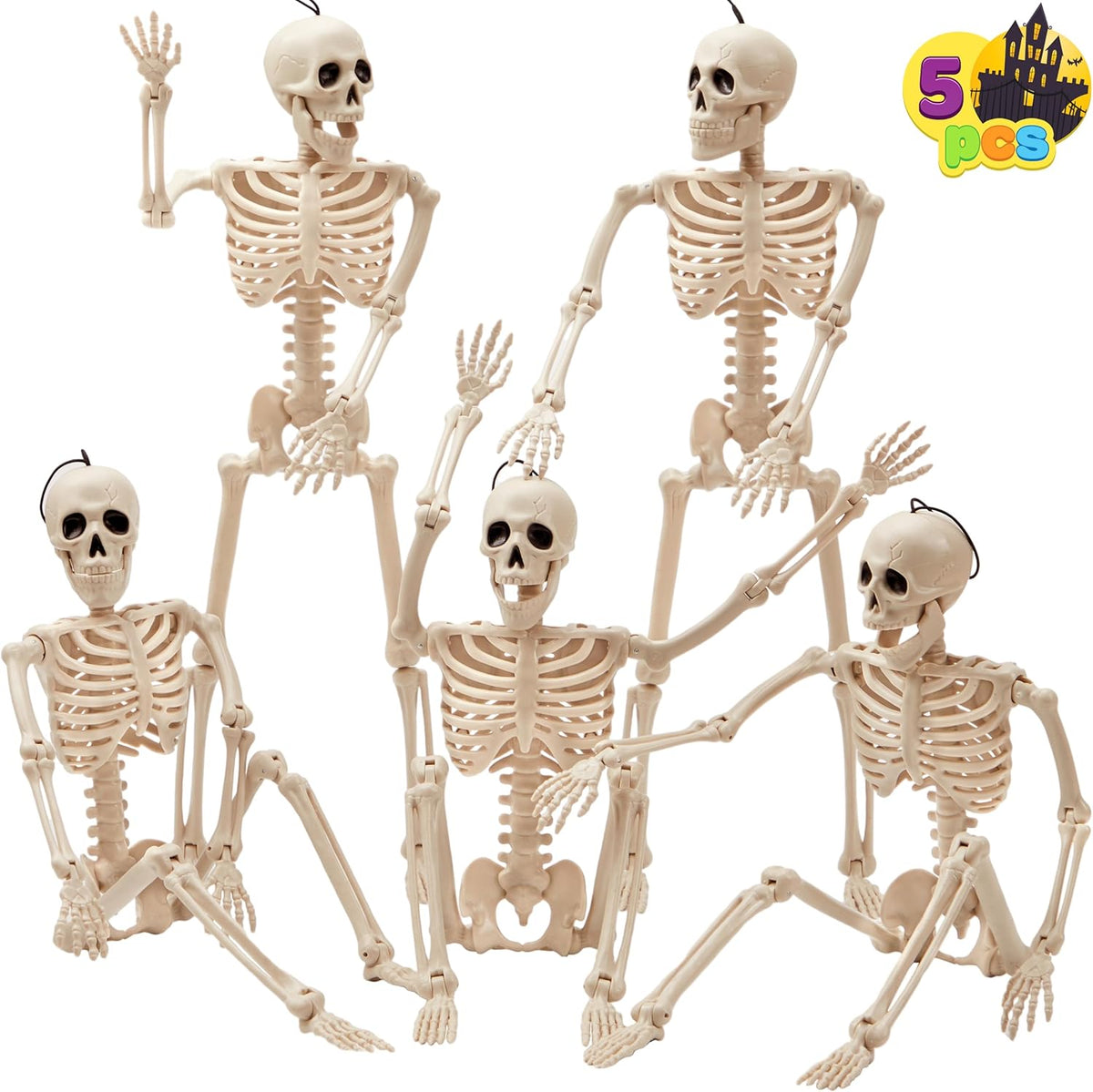 Posable Halloween Skeleton Decor 16 Inches, Full Body Posable Joints Hanging Skeletons for Halloween - Set of 5