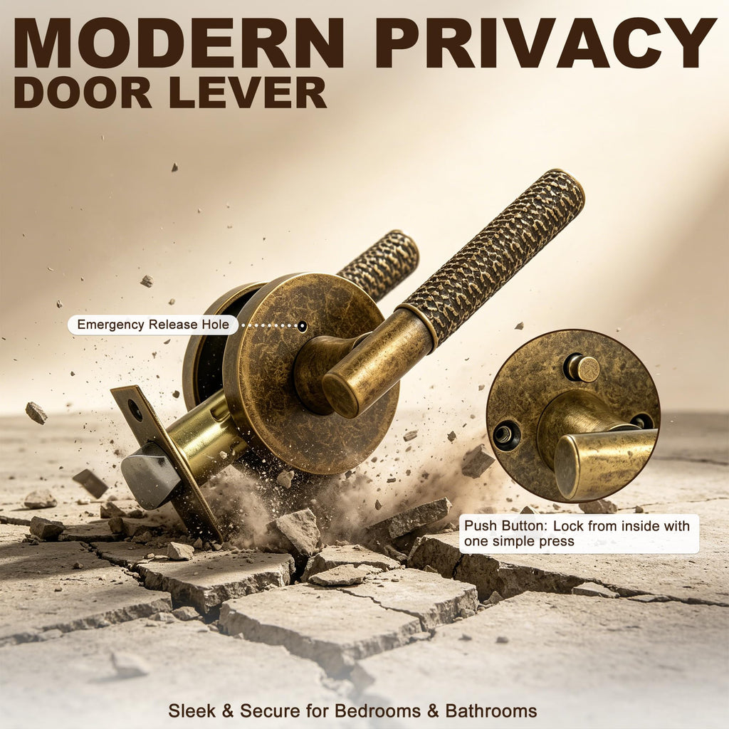 Antique Brass Door Lever with Lock | Retro Hammered Door Handle
