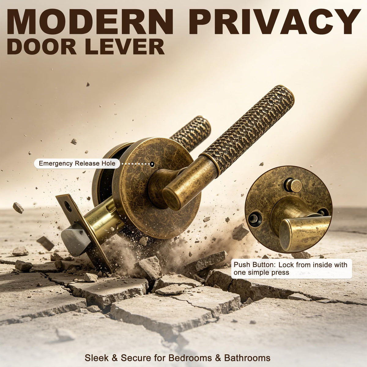 Antique Brass Door Lever with Lock | Retro Hammered Door Handle