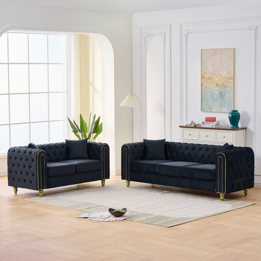 149" Modern Chesterfield Sofa, Luxury 3-Seater Loveseat Set Couch with Button Tufted Rolled Arms and Gold Pine Legs