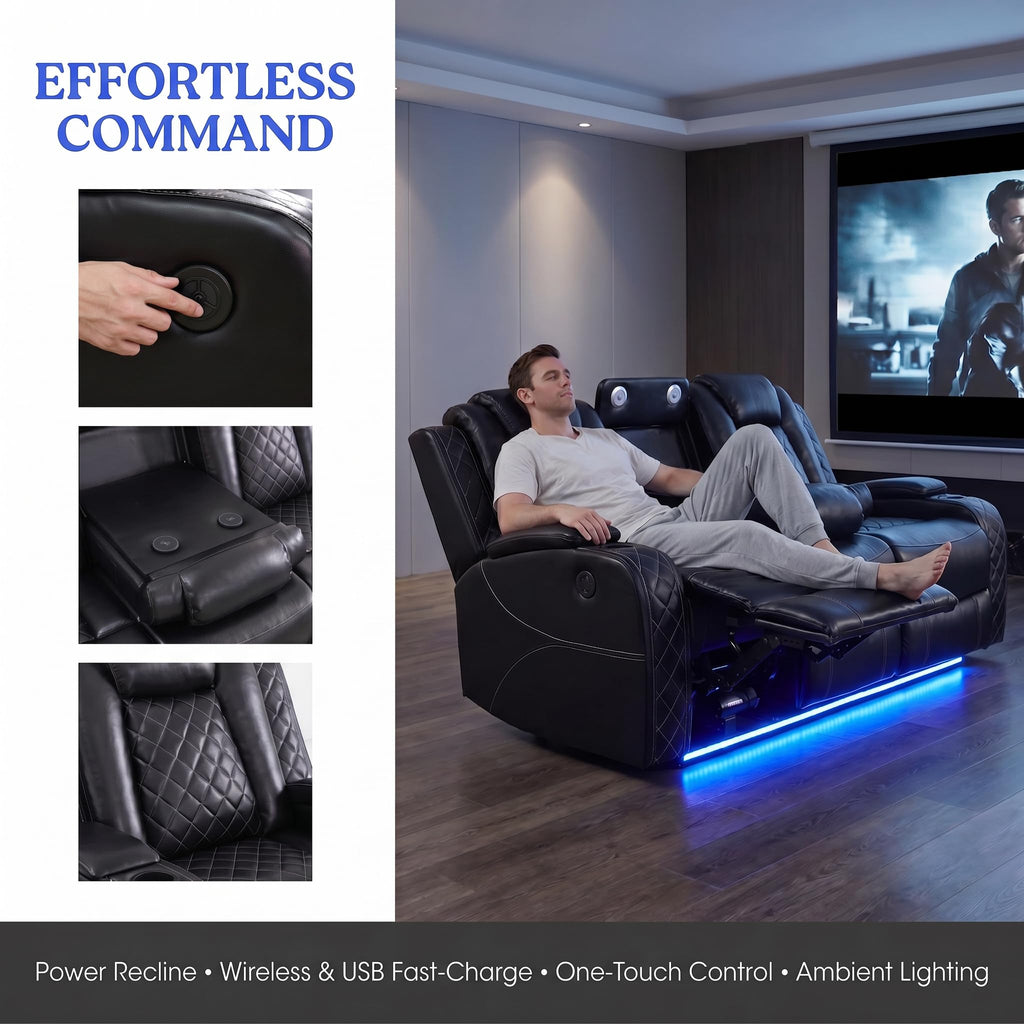 Black Breathing Leather 3-Piece Power Reclining Sofa Set