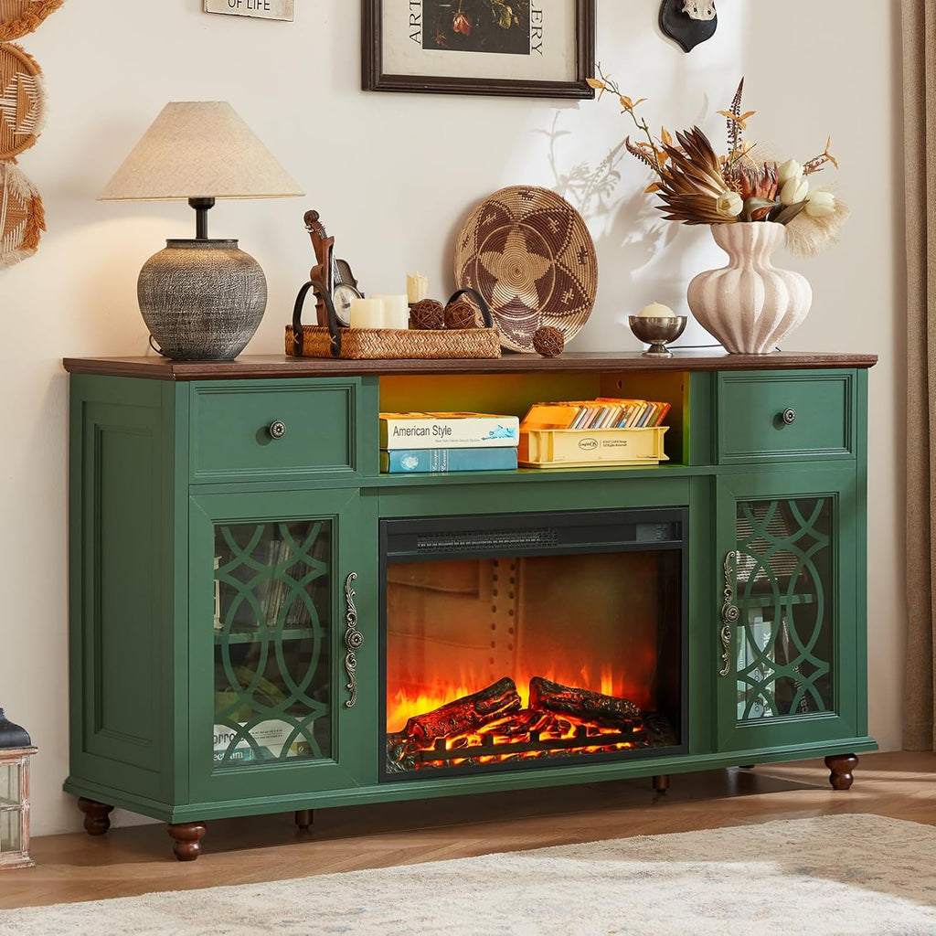 59 Inch Farmhouse Fireplace TV Stand for TVs up to 65 Inches, Entertainment Center with Electric Fireplace, LED Lights, Glass Doors, Storage Drawers, Green