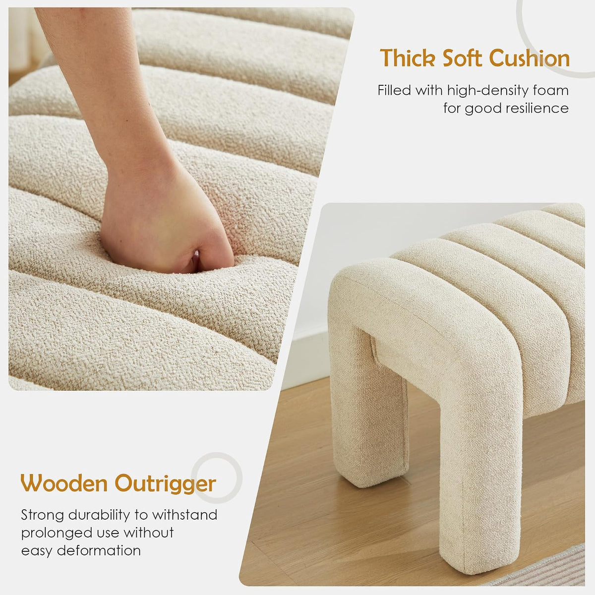 63" Bedroom Bench, Upholstered Entryway Bench, Modern End of Bed Ottoman with Solid Wood Legs and Adjustable Foot