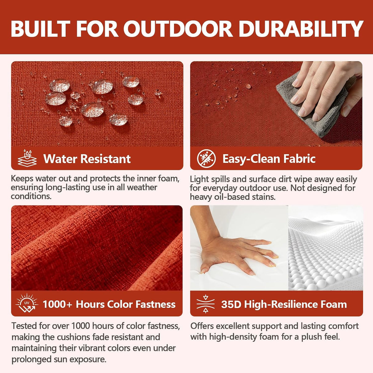 24x24 Outdoor Deep Seat Cushions 2-Pack, 30D Foam, Quarry Red | 30D High-Resilience Foam, Fade-Resistant for 1000+