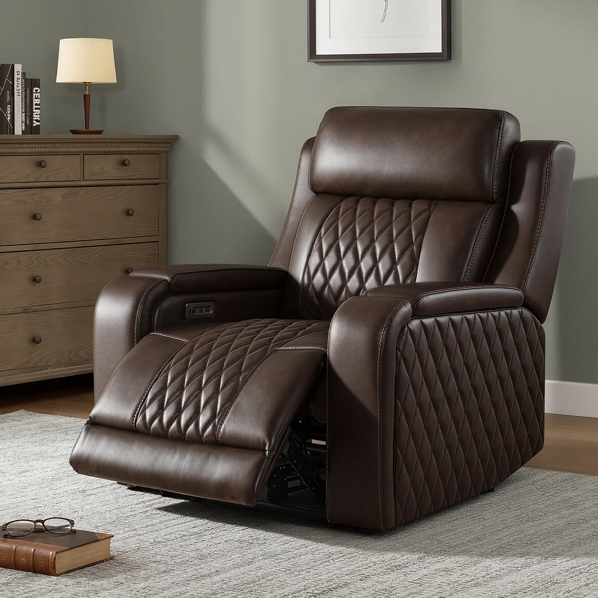 Genuine Leather Power Recliner Chair with Heating& Cooling