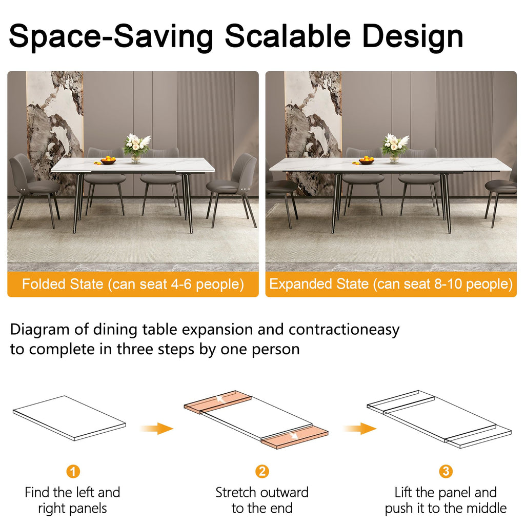 62.9"-94.4" Extendable Dining Table, White Sintered Stone Top