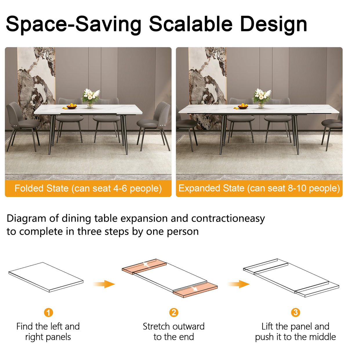 62.9"-94.4" Extendable Dining Table, White Sintered Stone Top