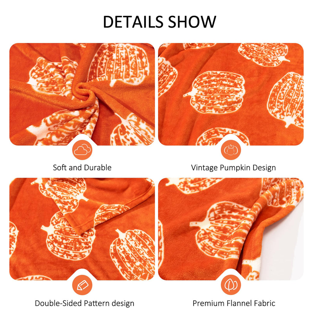 Pumpkin Printed Throw Blanket for Couch, Orange Fall Decor