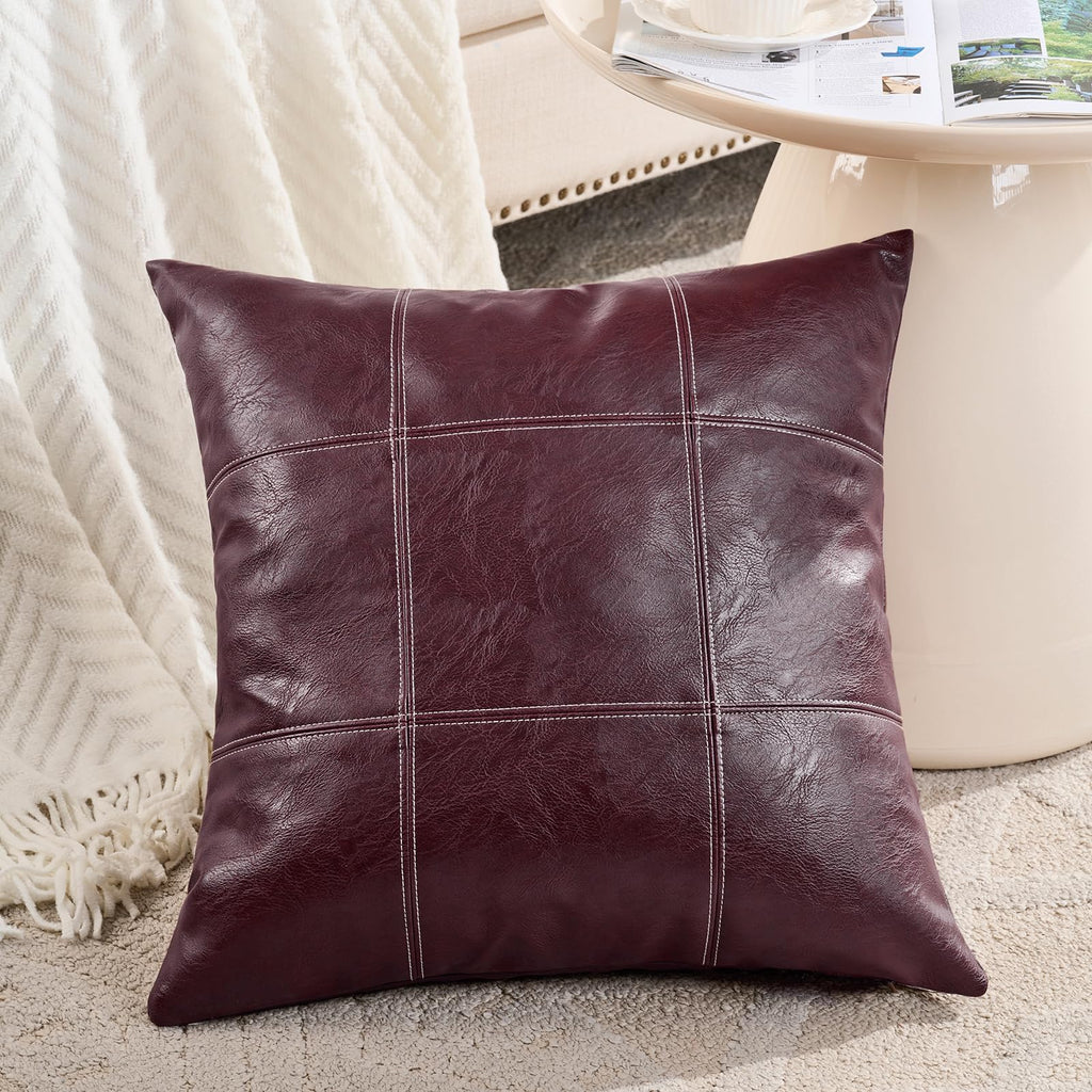 2 Packs Burgundy Waterproof Faux Leather Decorative Throw Pillow Covers 18x18 Inch for Outdoor Couch Bed Sofa, Hand