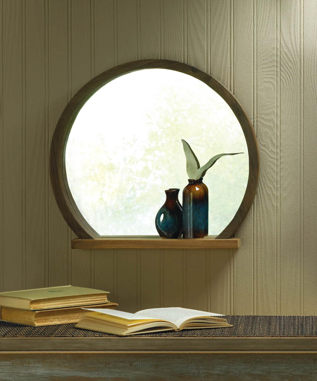 Décor Round Wall Mirror, Wood with Shelf, 17.75x2.75x16