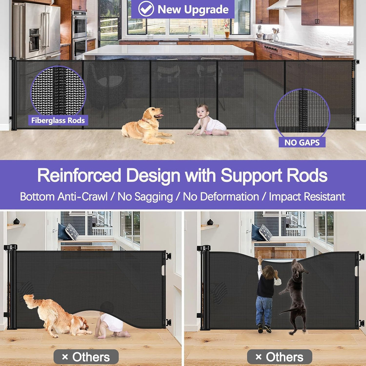 Reinforced 42" Tall Pet Gate 96" Wide Retractable Baby Gate, Indoor/Outdoor