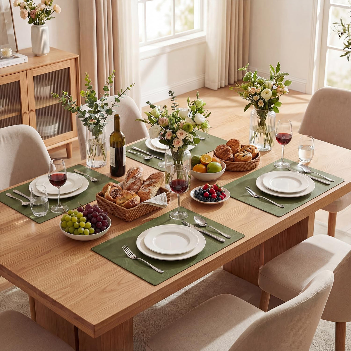 Olive Green Faux Leather Placemats Set of 6, 12x18 Inch Waterproof Wipeable Heat Resistant Vinyl Place Mats