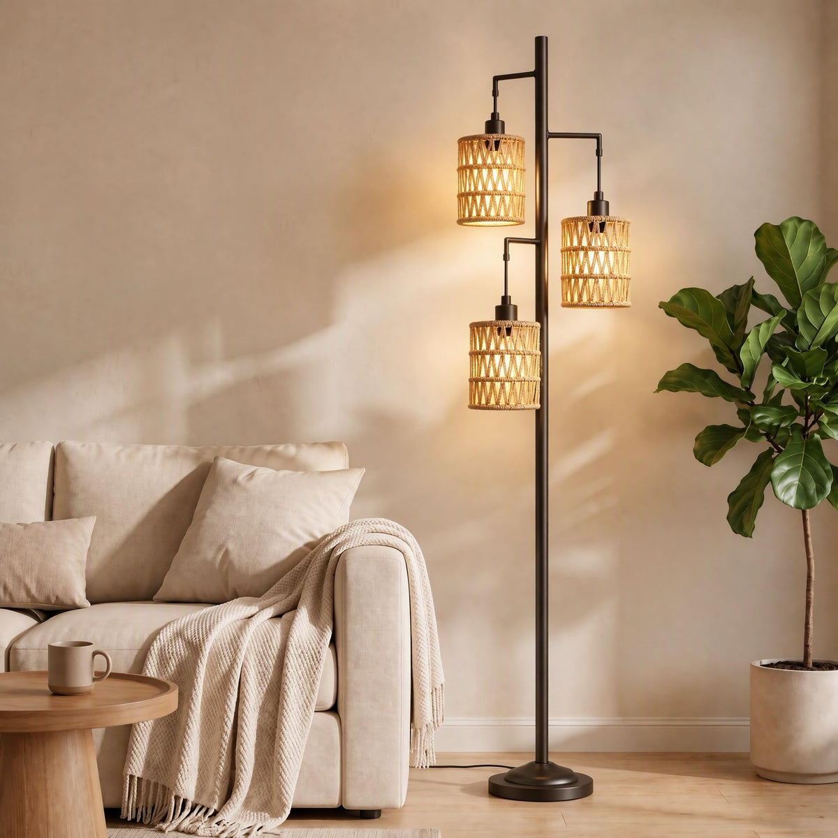 3 Lights Rattan Floor Lamps with ON/Off Foot Switch Tree Standing Lamp with Wood Rattan Lampshades Boho Floor Lamp