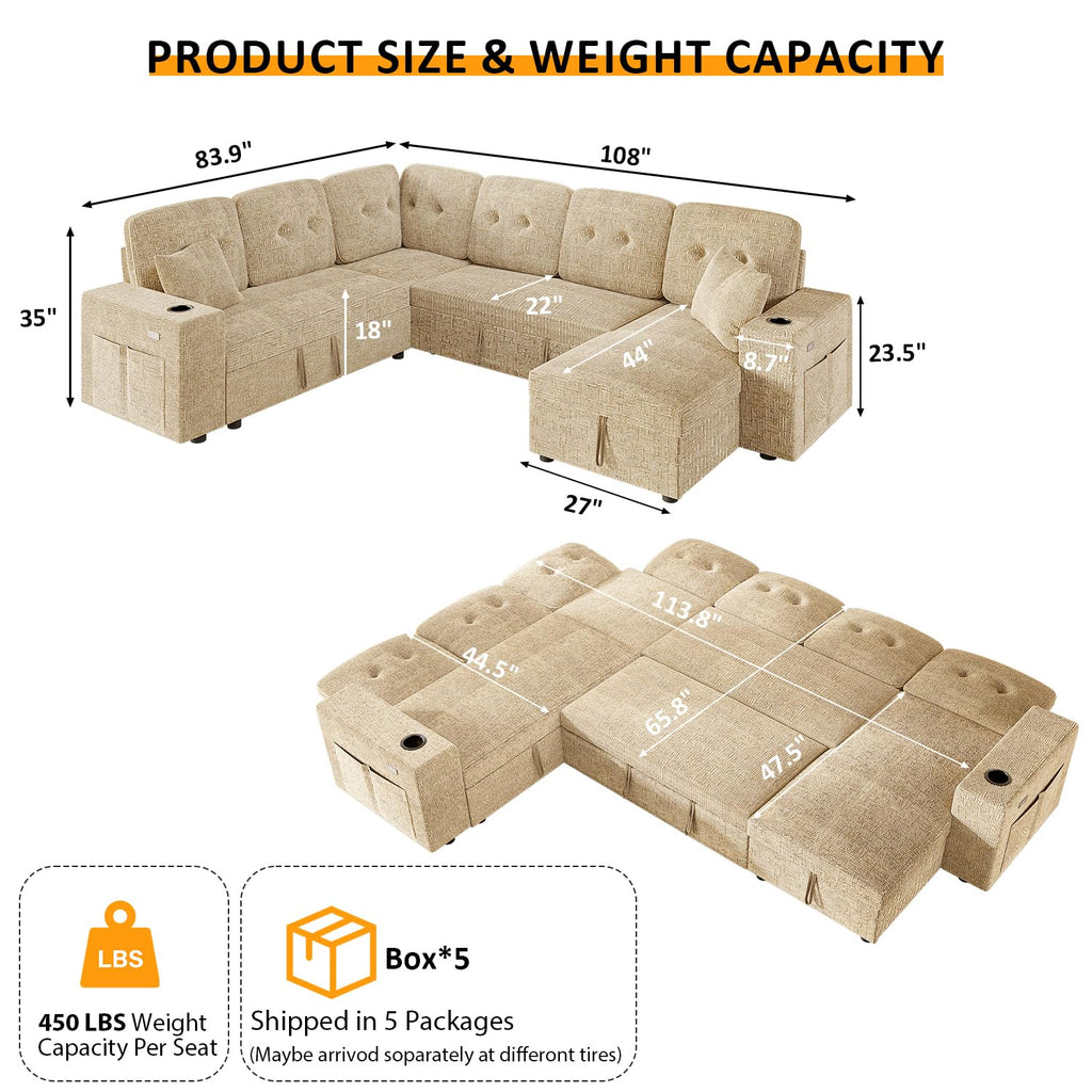 Modular Sectional Sleeper Sofa with Pull Out Bed, 108 Inch U Shaped 7 Seat Couches, Chenille Fabric Cloud Couch Bed