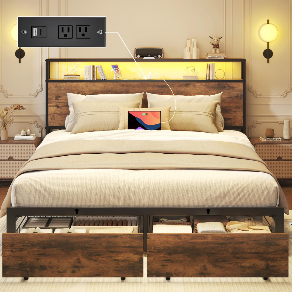 Bed Frame with Charging Station, LED Lights, 2 Drawers, Rustic Brown