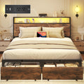 Bed Frame with Charging Station, LED Lights, 2 Drawers, Rustic Brown
