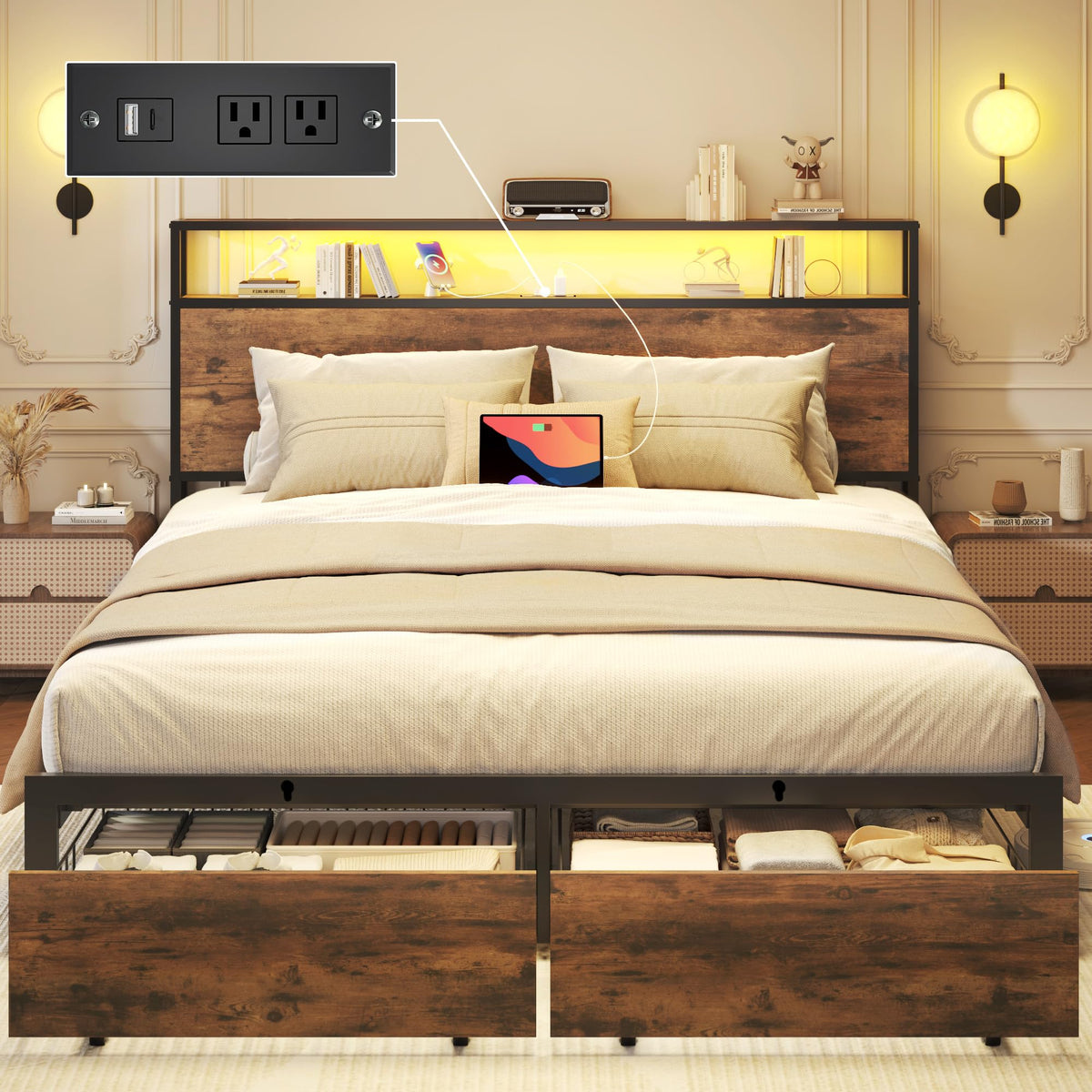 Bed Frame with Charging Station, LED Lights, 2 Drawers, Rustic Brown
