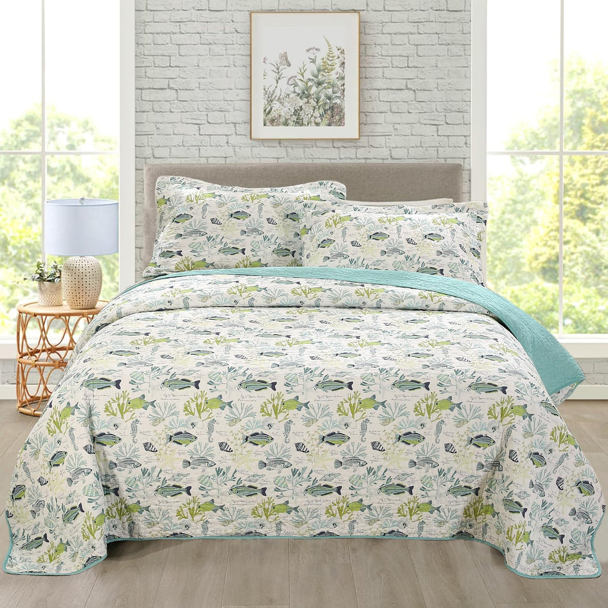 100% Cotton Coastal Quilt Set, Reversible