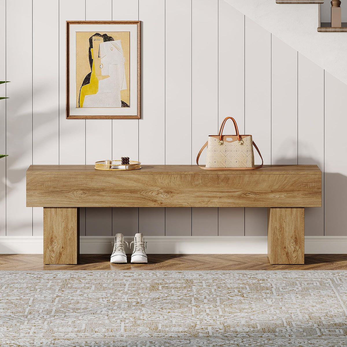 63" Long Entryway Bench, Rustic Farmhouse End of Bed Bench, Wooden Shoe Bench Seat, End of Bed, Light Brown