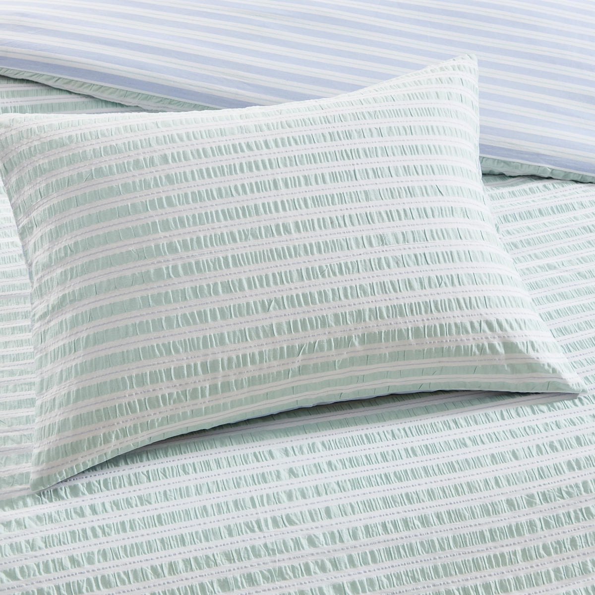 Full/Queen Comforter Set - 100% Cotton, Seersucker Stripe Reversible Design - Includes Shams - 3-Piece - Green/Blue